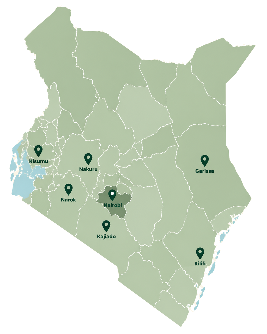 Stylized map of Kenya highlighting the seven counties where DAI works: Nairobi, Nakuru, Kilifi, Narok, Garissa, Kajiado, and Kisumu.